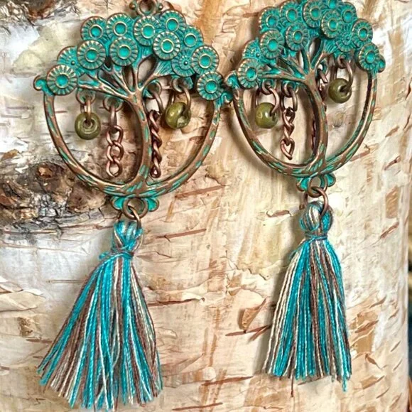 Style Bohemian Copper Patina Tree of Life Fring Dangle Fish Hook Peirce Earrings - Picture 2 of 5